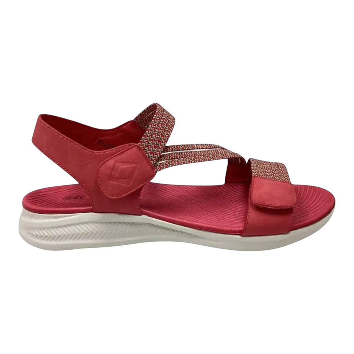 The Shoe Shop CC Resorts Florrie red textile sandals with adjustable velcro straps and cushioned footbed