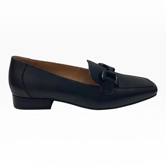 The Shoe Shop Belle Scarpe Remonde black leather flat shoe with a tonal buckle and low stacked heel.