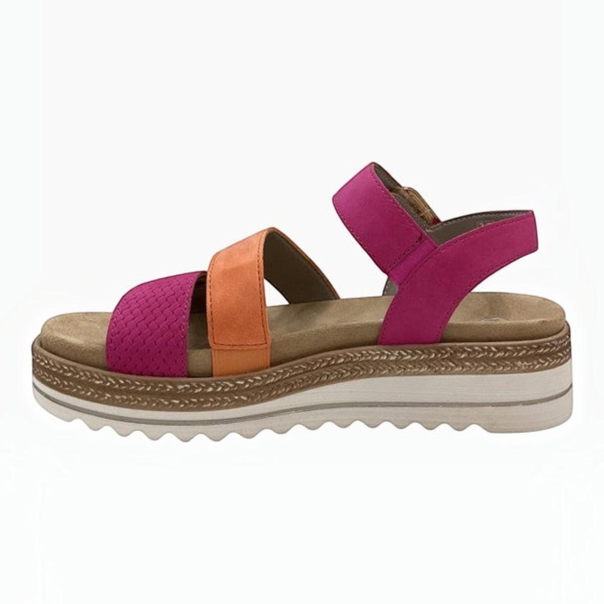 The Shoe Shop Remonte Sasha platform sandals in pink and orange vegan suede with adjustable velcro straps