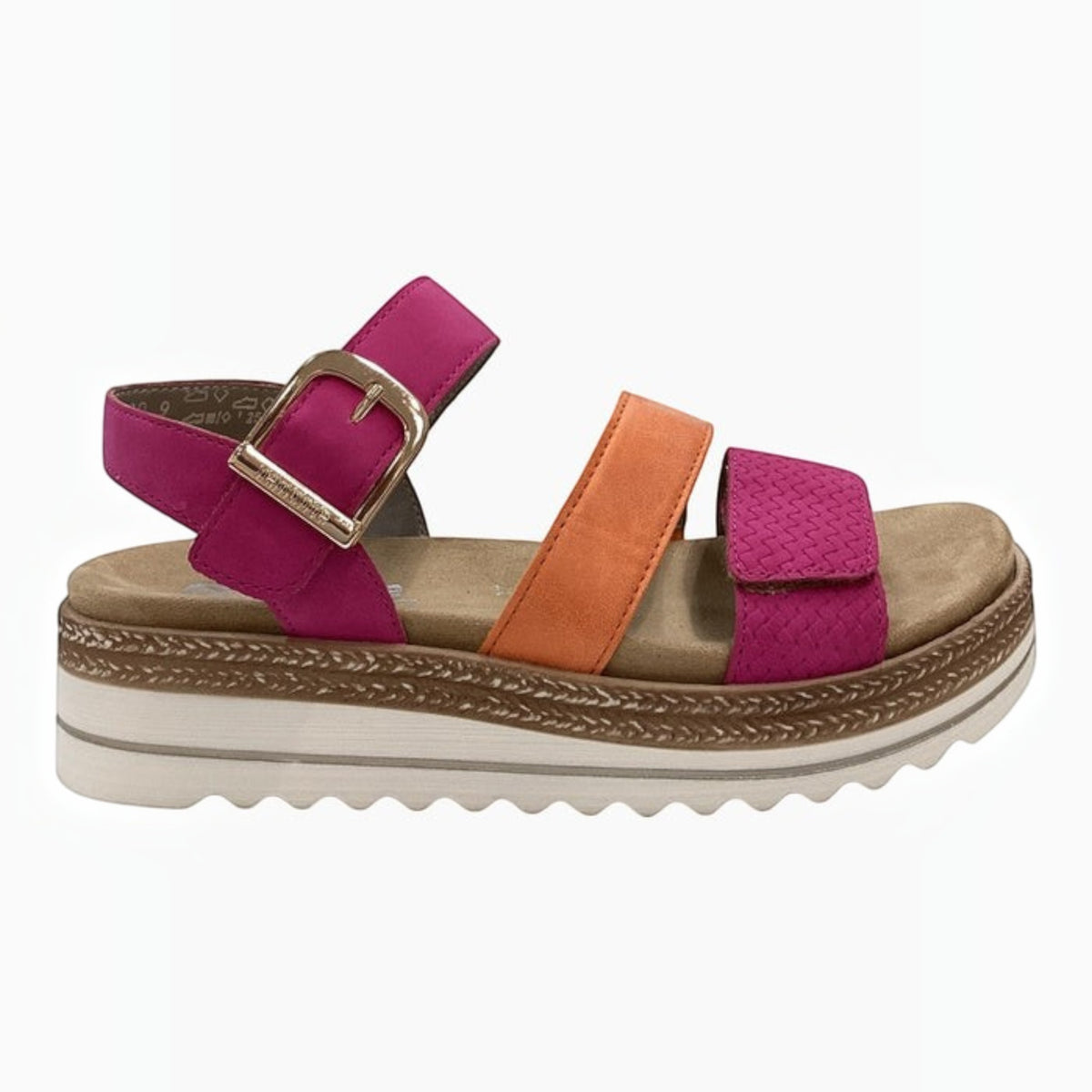 The Shoe Shop Remonte Sasha platform sandals in pink and orange vegan suede with gold-tone buckle and adjustable straps.
