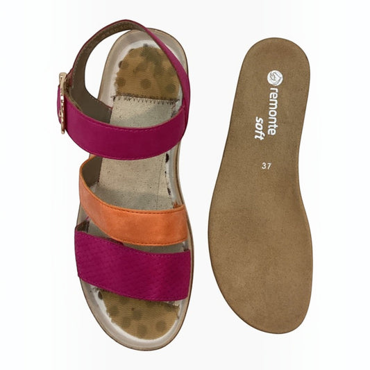 The Shoe Shop Remonte Sasha platform sandals in pink and orange vegan suede with adjustable velcro straps.