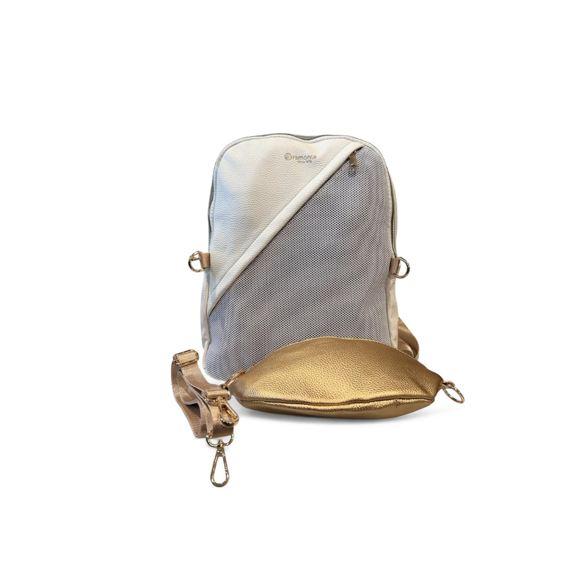 The Shoe Shop Remonte Trinity backpack in white with a detachable metallic gold crossbody bag for travel