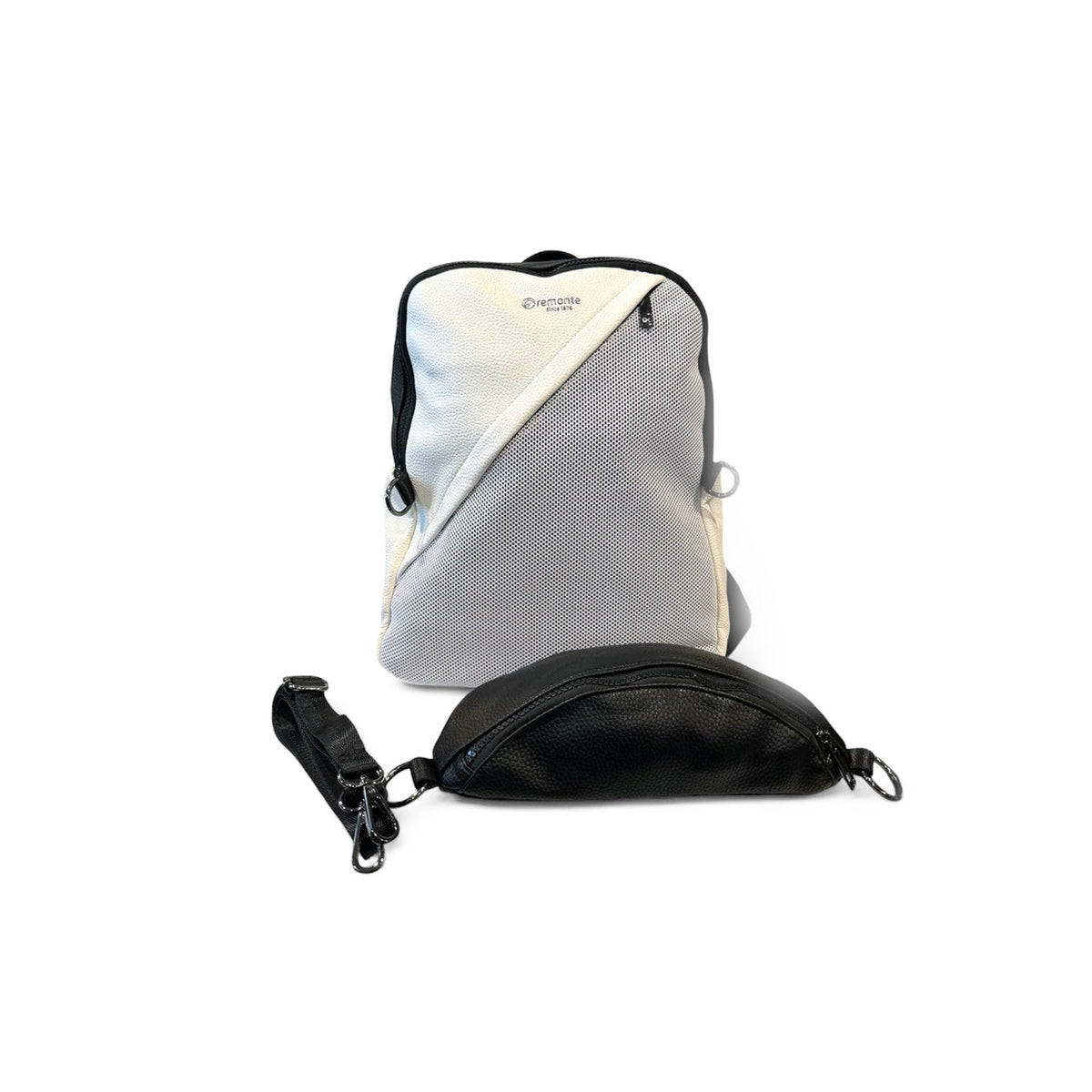The Shoe Shop Remonte Trinity backpack in white and grey with a detachable black crossbody bag for travel.