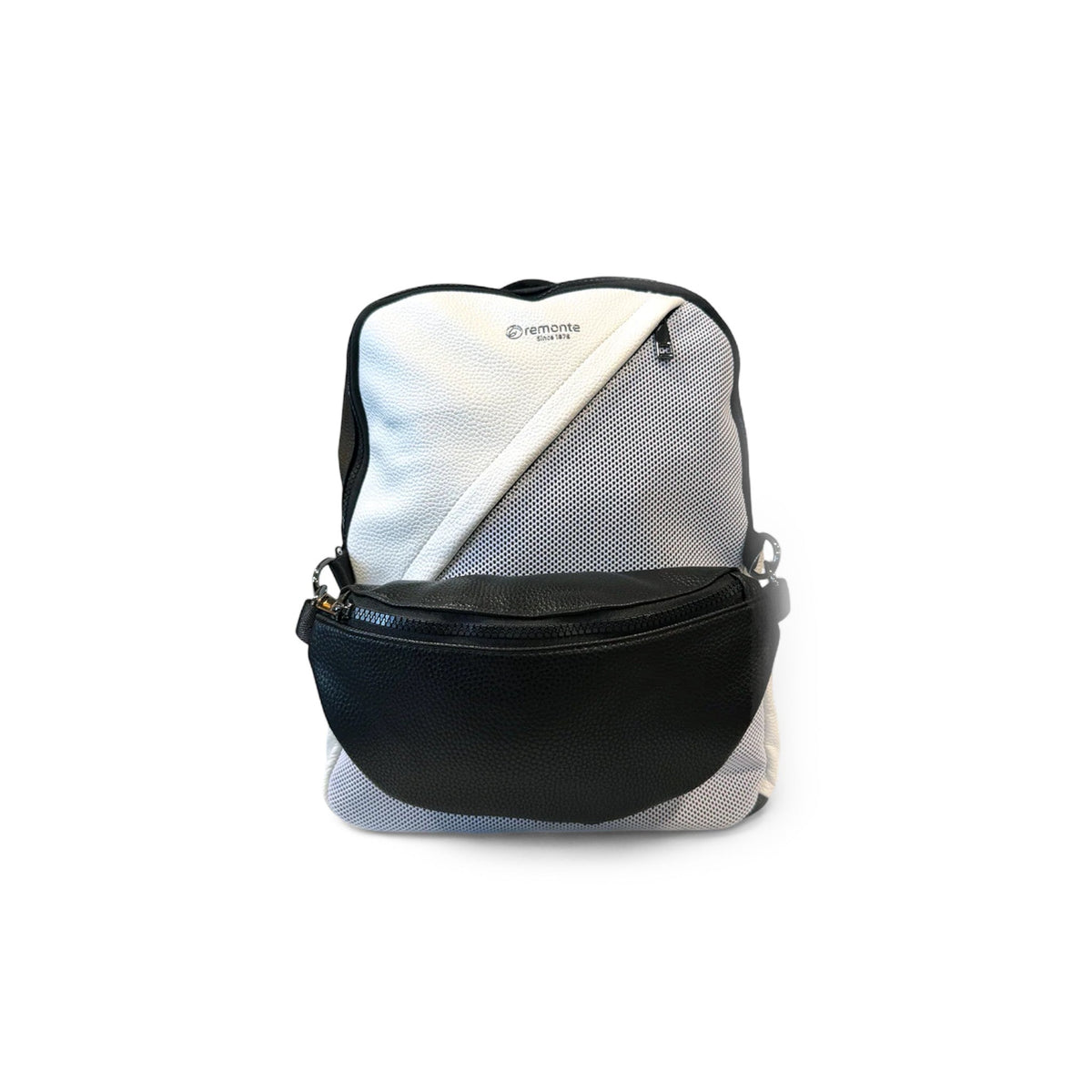 The Shoe Shop Remonte Trinity backpack in white and black synthetic material with a detachable front crossbody bag.