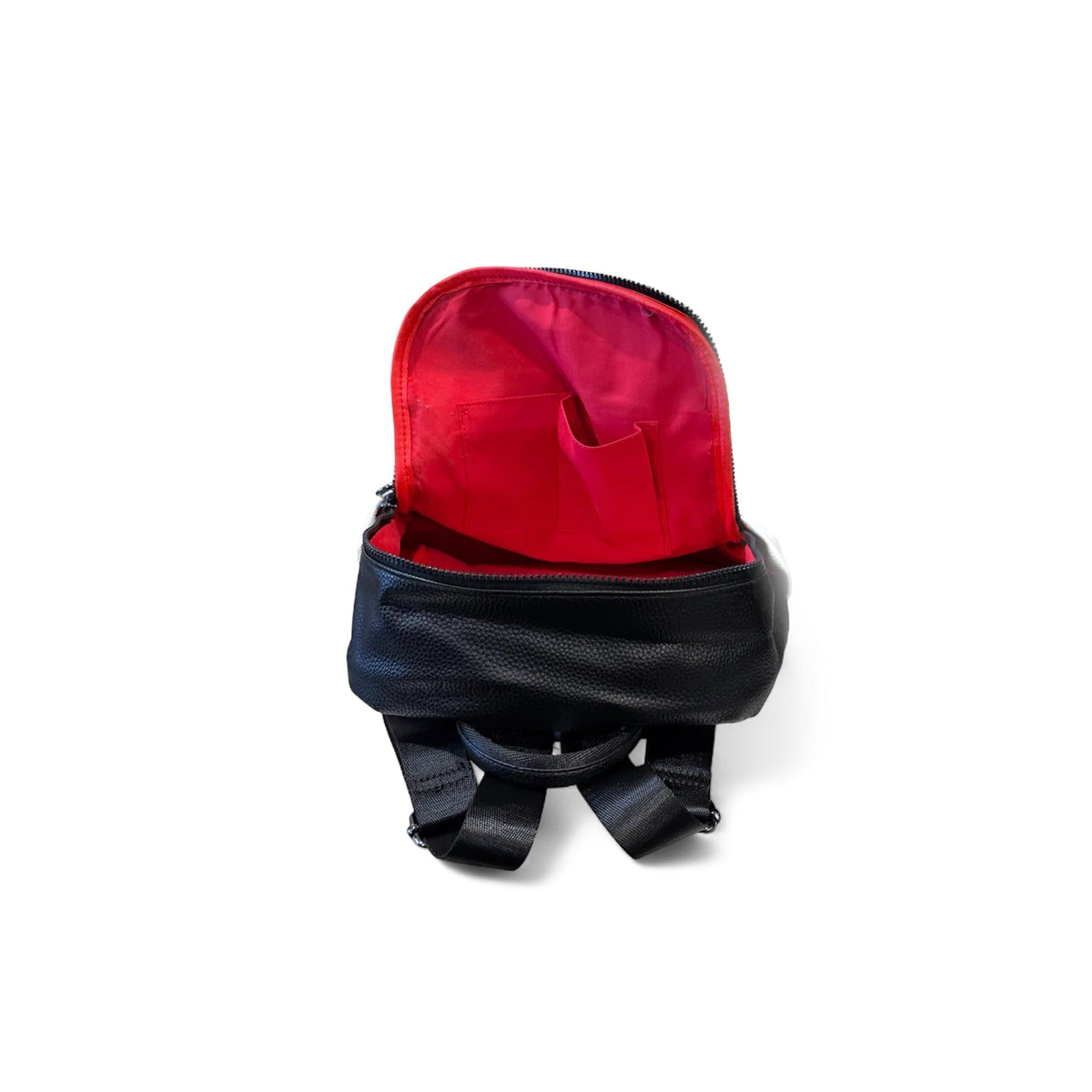The Shoe Shop Remonte Trinity black synthetic backpack with a vibrant red interior lining and open main compartment.