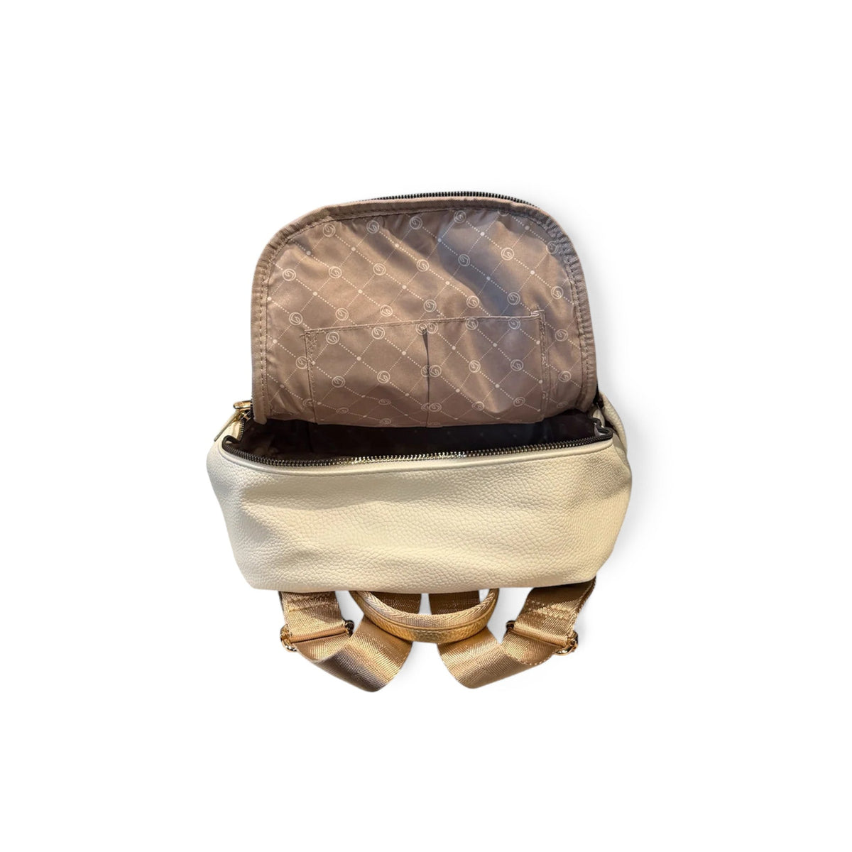 The Shoe Shop Remonte Trinity backpack in white synthetic leather with an open interior and gold-toned straps.