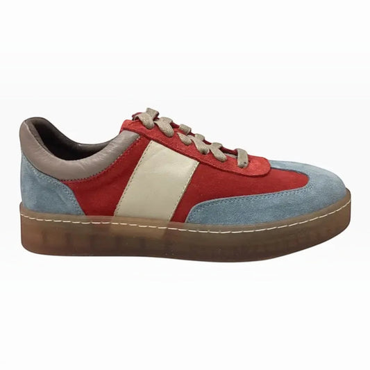 The Shoe Shop Reomee retro sneaker in red and blue suede with cream leather accents and a translucent gum rubber sole.
