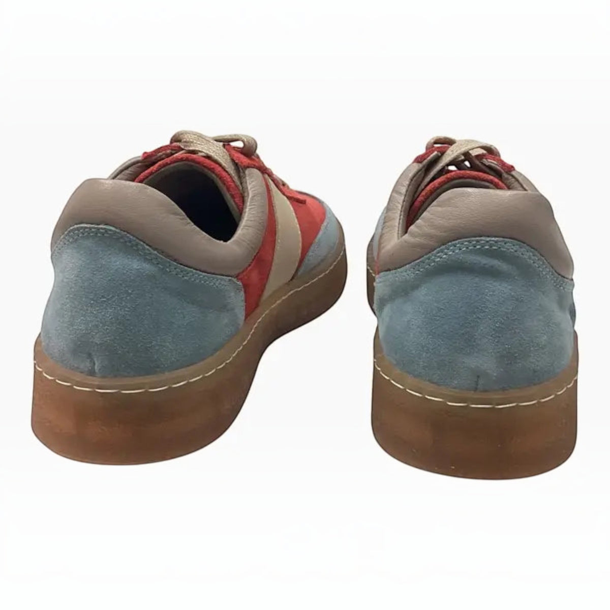 The Shoe Shop Reomee retro sneakers featuring blue and red suede, cream leather accents, and a translucent gum sole.