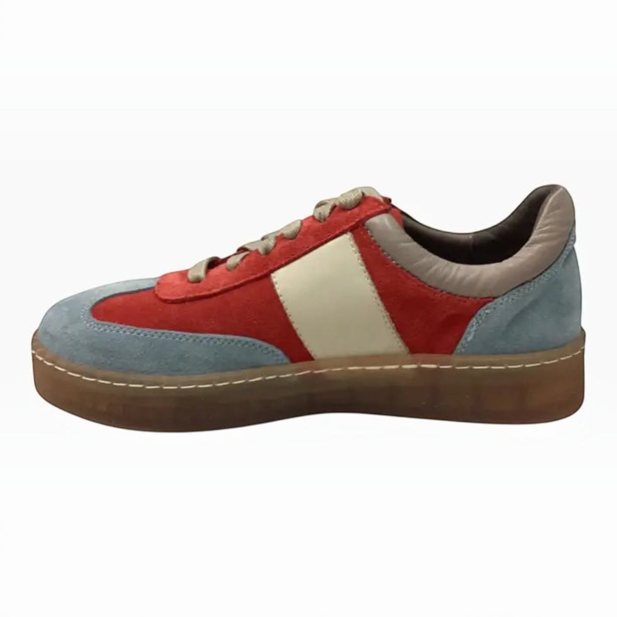 The Shoe Shop Reomee retro sneaker in red, blue, and cream suede with a translucent gum rubber sole.