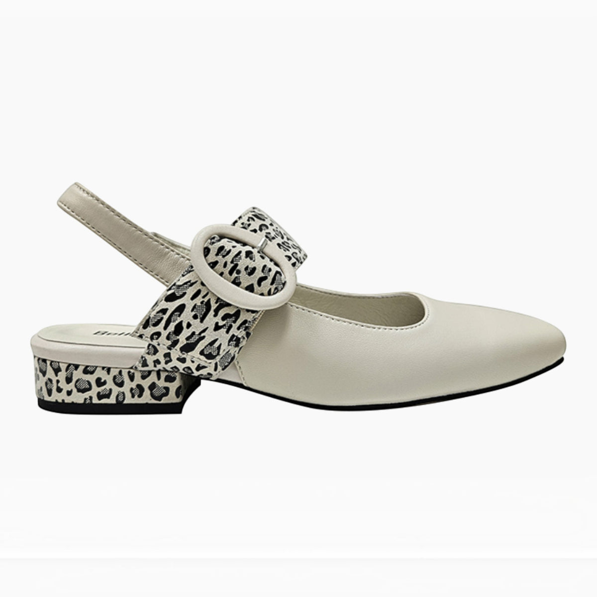 The Shoe Shop Rescue cream slingback shoes with a square toe, low heel, and leopard print buckle detail.