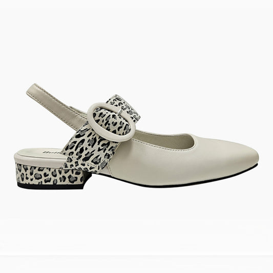 The Shoe Shop Rescue cream slingback shoes with a square toe, low heel, and leopard print buckle detail.