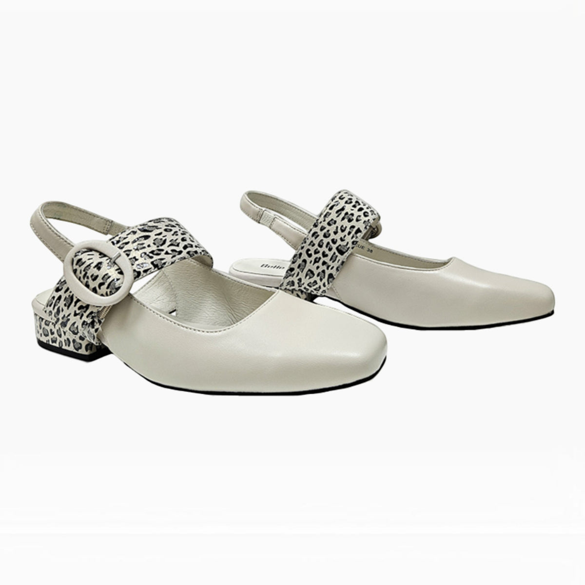The Shoe Shop Rescue slingback heels in cream with a square toe, low heel, and leopard print buckle strap detail.