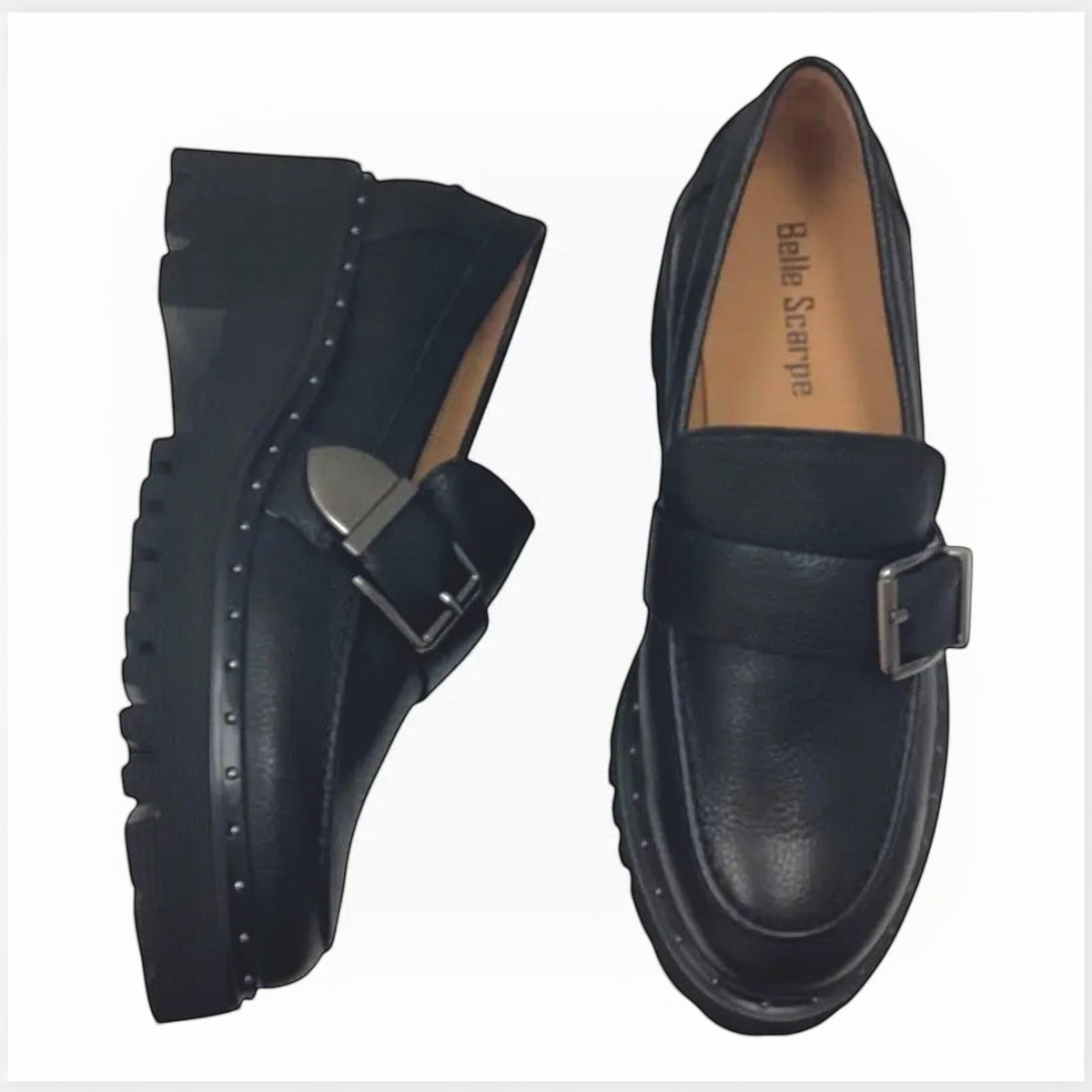 The Shoe Shop Belle Scarpe Ric black leather loafers with a chunky platform lug sole and silver buckle detail.