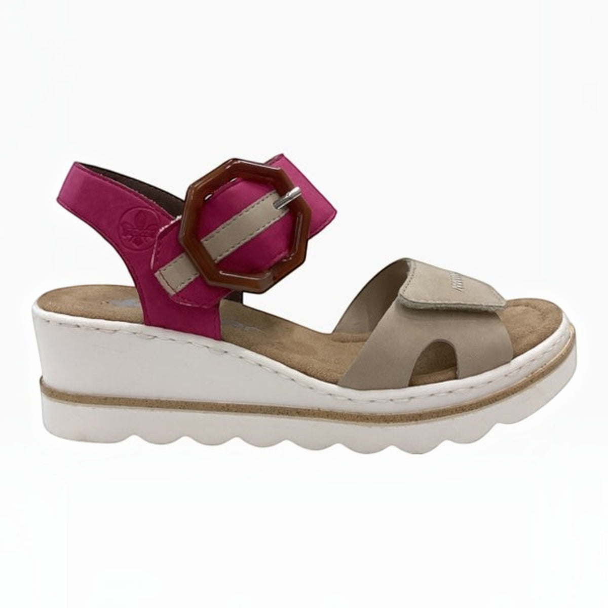 The Shoe Shop Rieker Whitney wedge sandal in pink and beige synthetic microsuede with an octagonal buckle ankle strap.