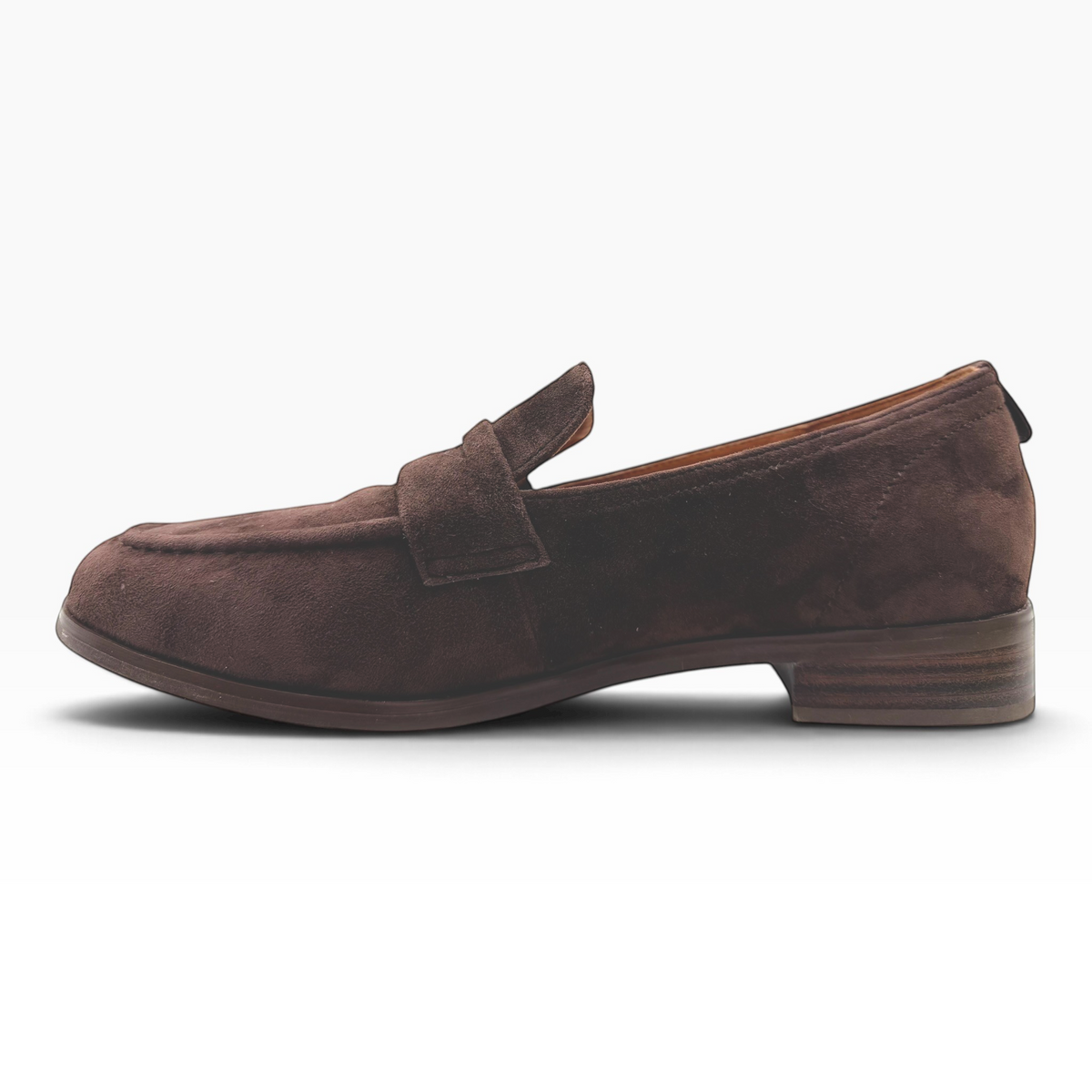 The Shoe Shop Rika loafer in dark brown suede with a low stacked heel and classic slip-on silhouette