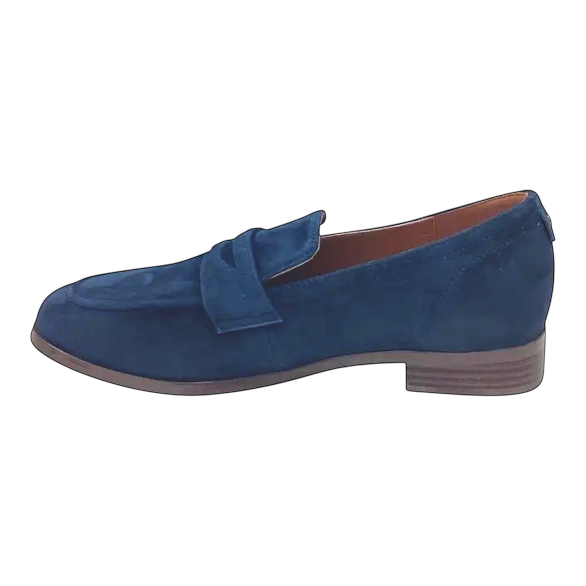The Shoe Shop Rika navy blue suede loafer with a low stacked heel and classic stitched detailing