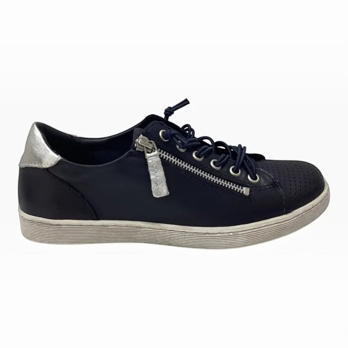 The Shoe Shop Rilassare Tatum navy leather sneaker with silver heel detail, side zip, and white platform sole.