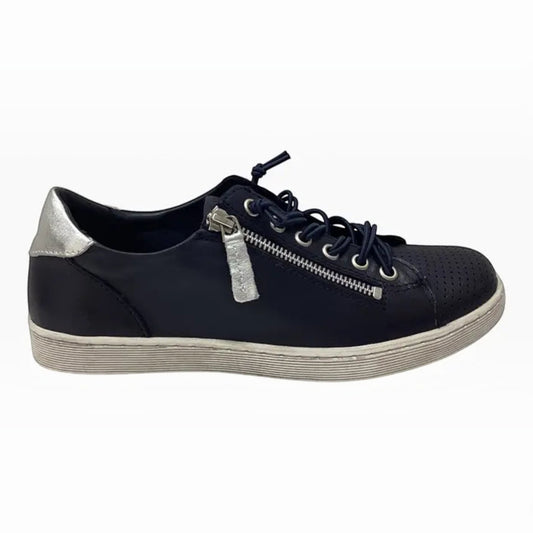 The Shoe Shop Rilassare Tatum navy leather sneaker with silver heel detail, side zip, and white platform sole.