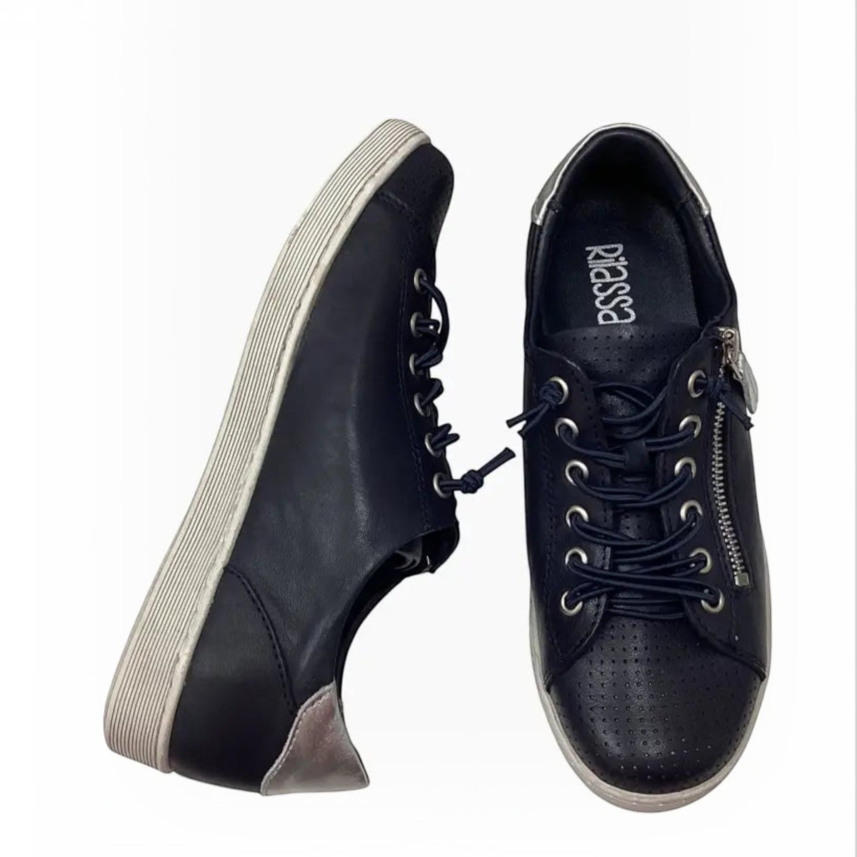 The Shoe Shop Rilassare Tatum navy leather sneakers with perforated toe, side zip, and white platform sole.