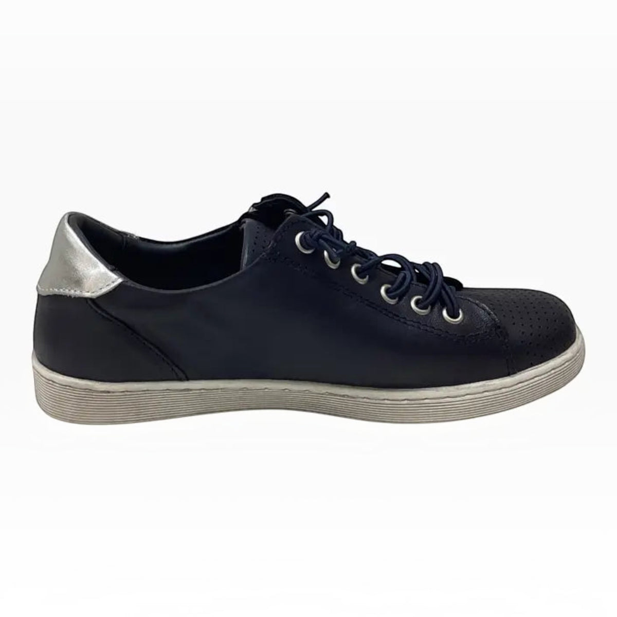 The Shoe Shop Rilassare Tatum navy leather sneaker with perforated toe, silver heel detail, and white platform sole.
