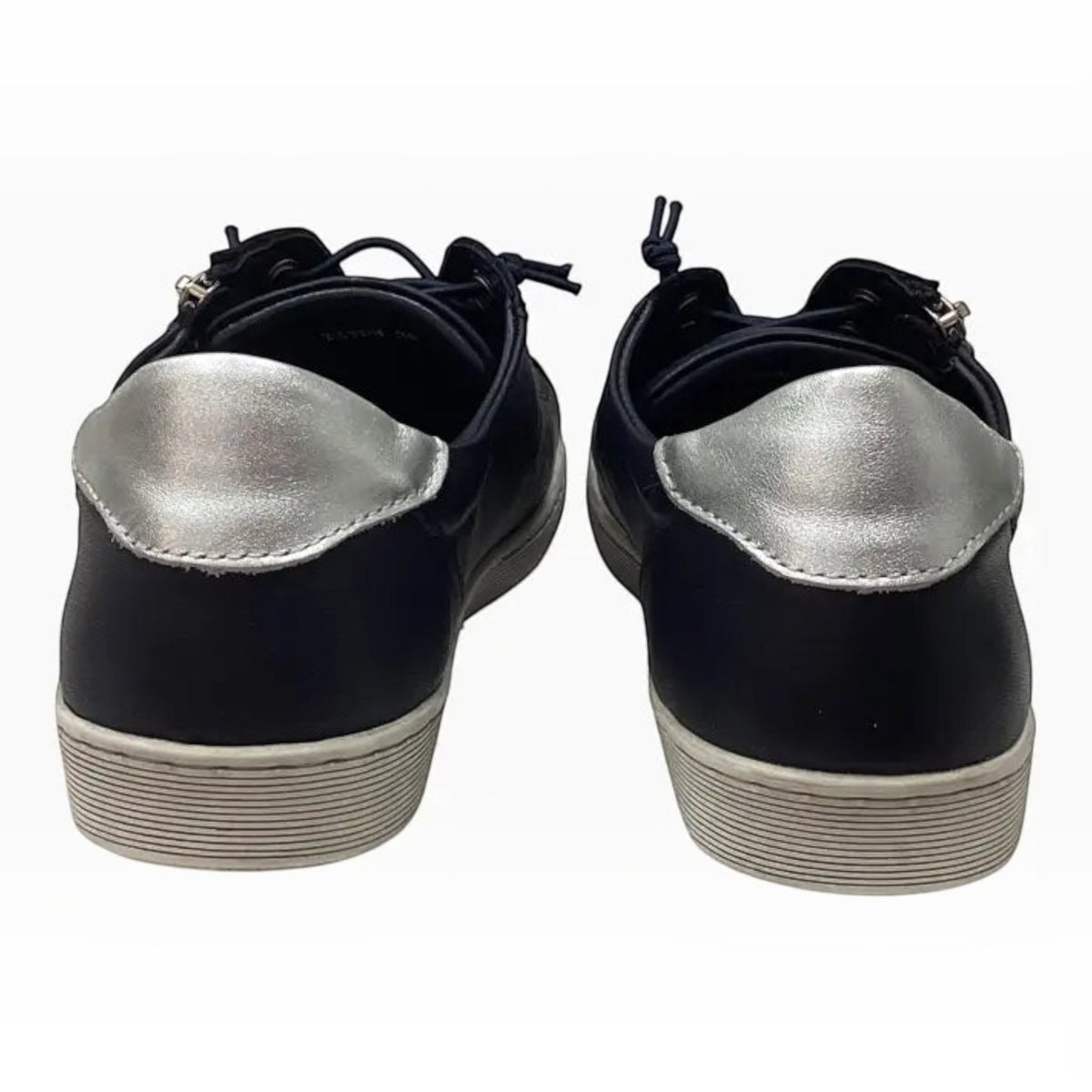 The Shoe Shop Rilassare Tatum leather sneakers in navy with metallic silver heel tabs and white platform soles.