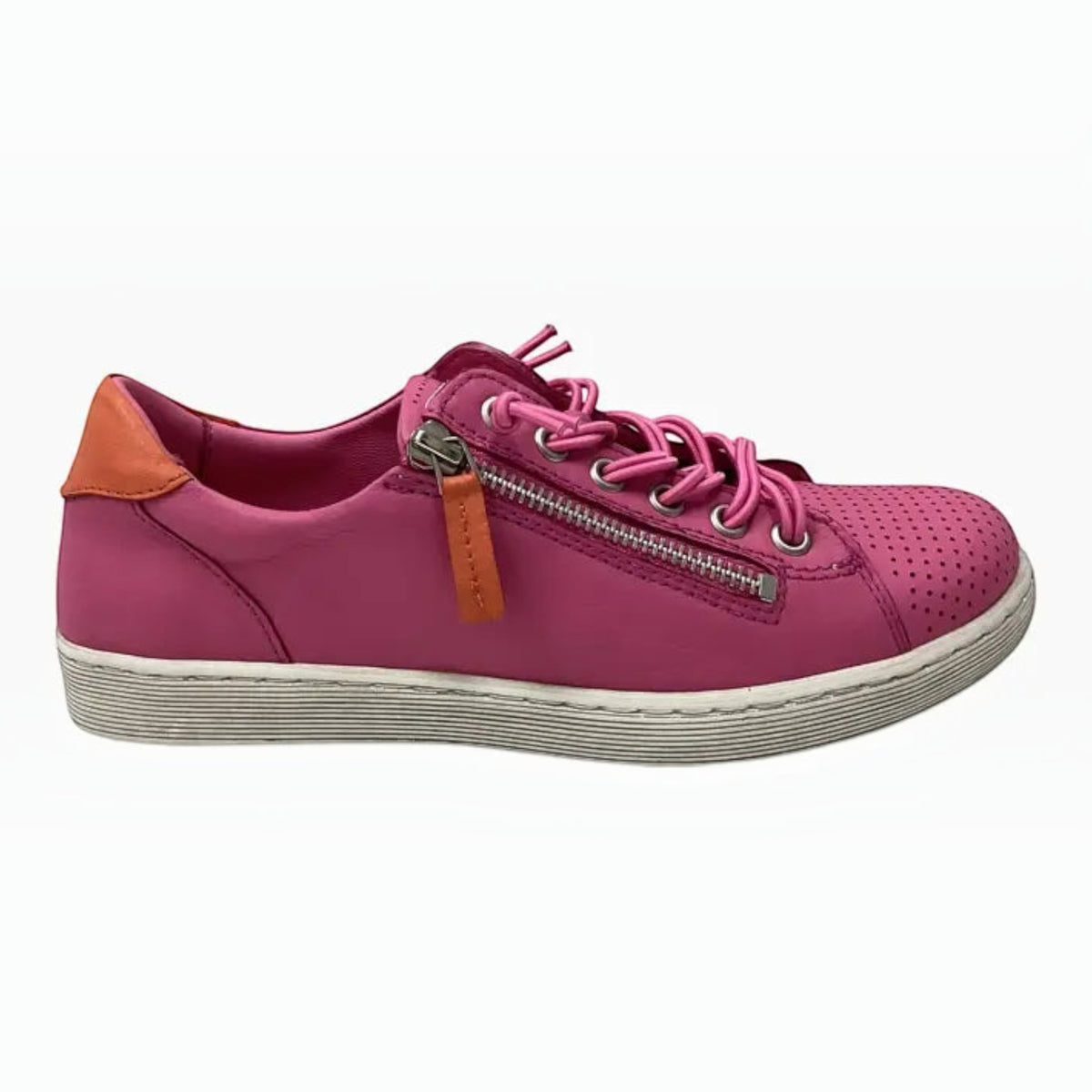 The Shoe Shop Rilassare Tatum pink leather sneaker with side zip, perforated toe, and white platform sole.