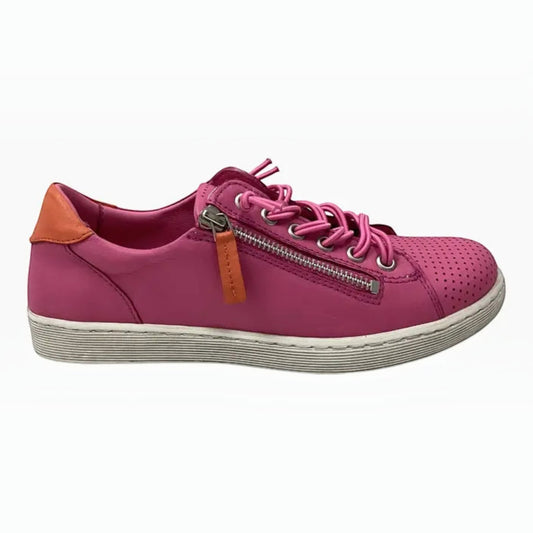 The Shoe Shop Rilassare Tatum pink leather sneaker with side zip, perforated toe, and white platform sole.