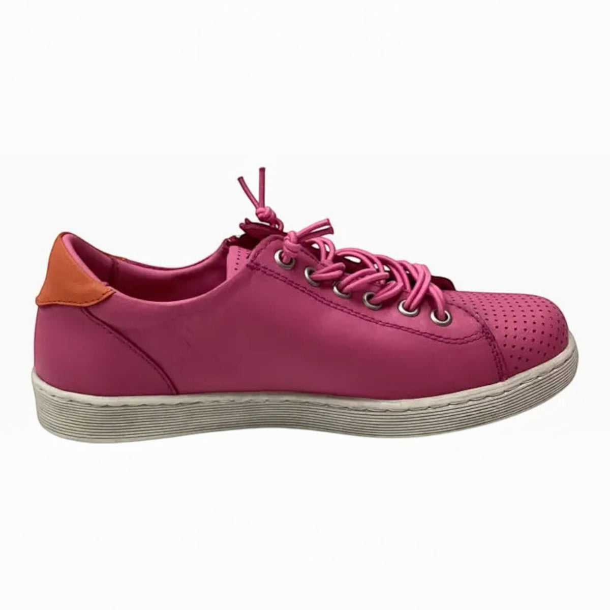 The Shoe Shop Rilassare Tatum pink leather sneaker with perforated toe, silver eyelets, and white platform sole.