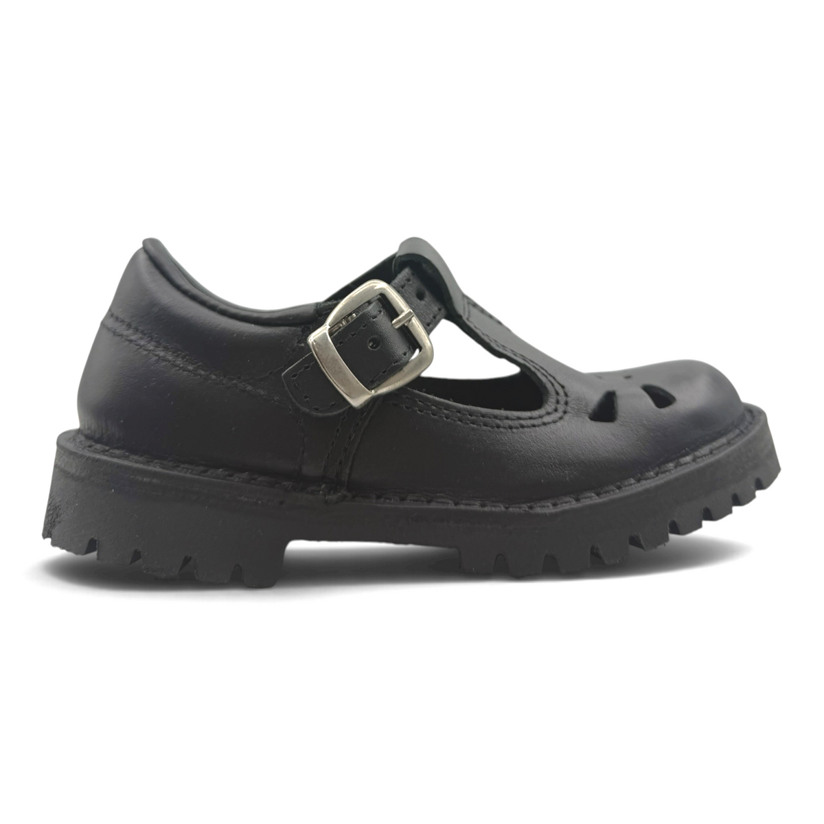 The Shoe Shop Rio black leather T-bar school shoe with a durable rubber lug sole and silver buckle closure.