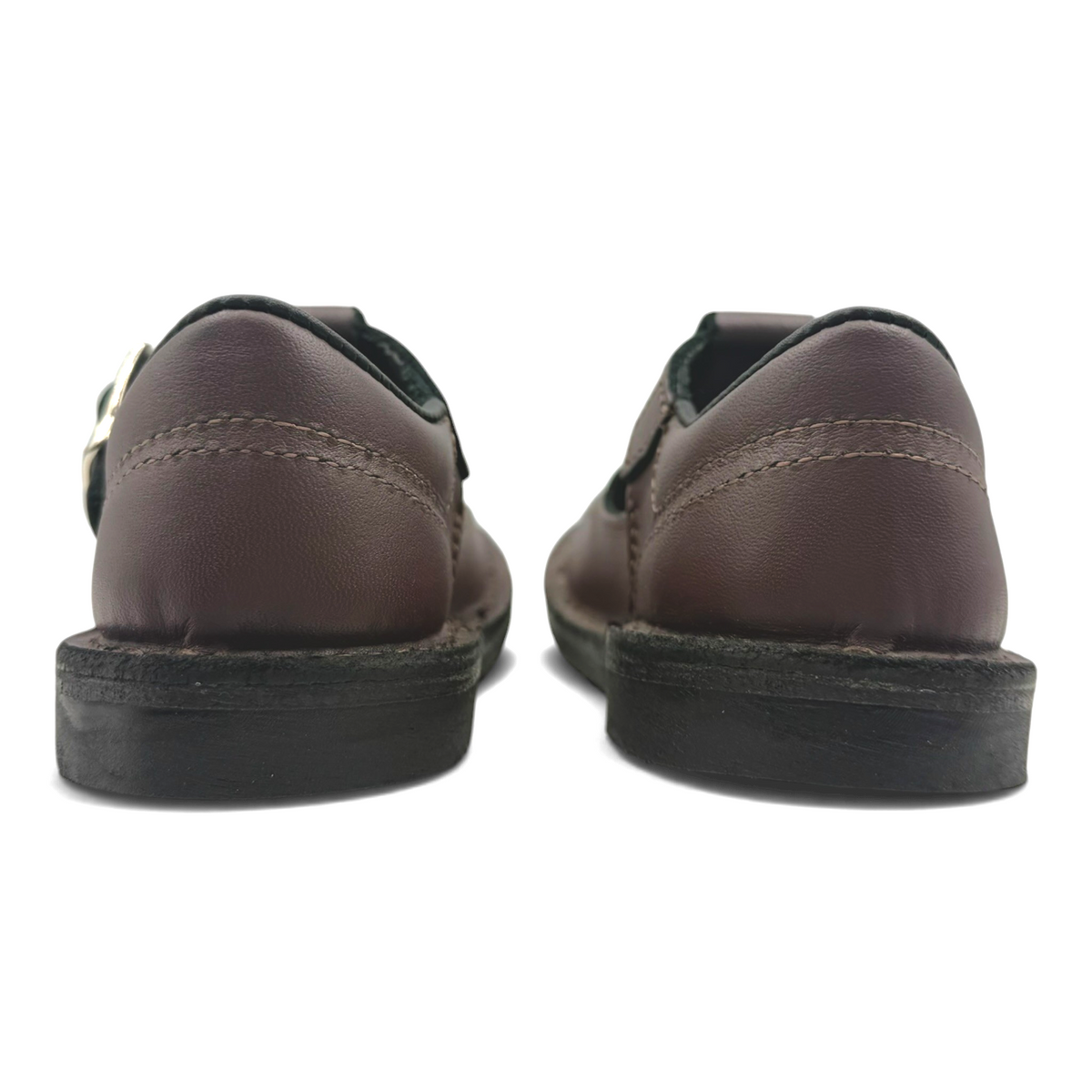 The Shoe Shop Rio brown leather school shoes with a durable rubber outsole, viewed from the back.