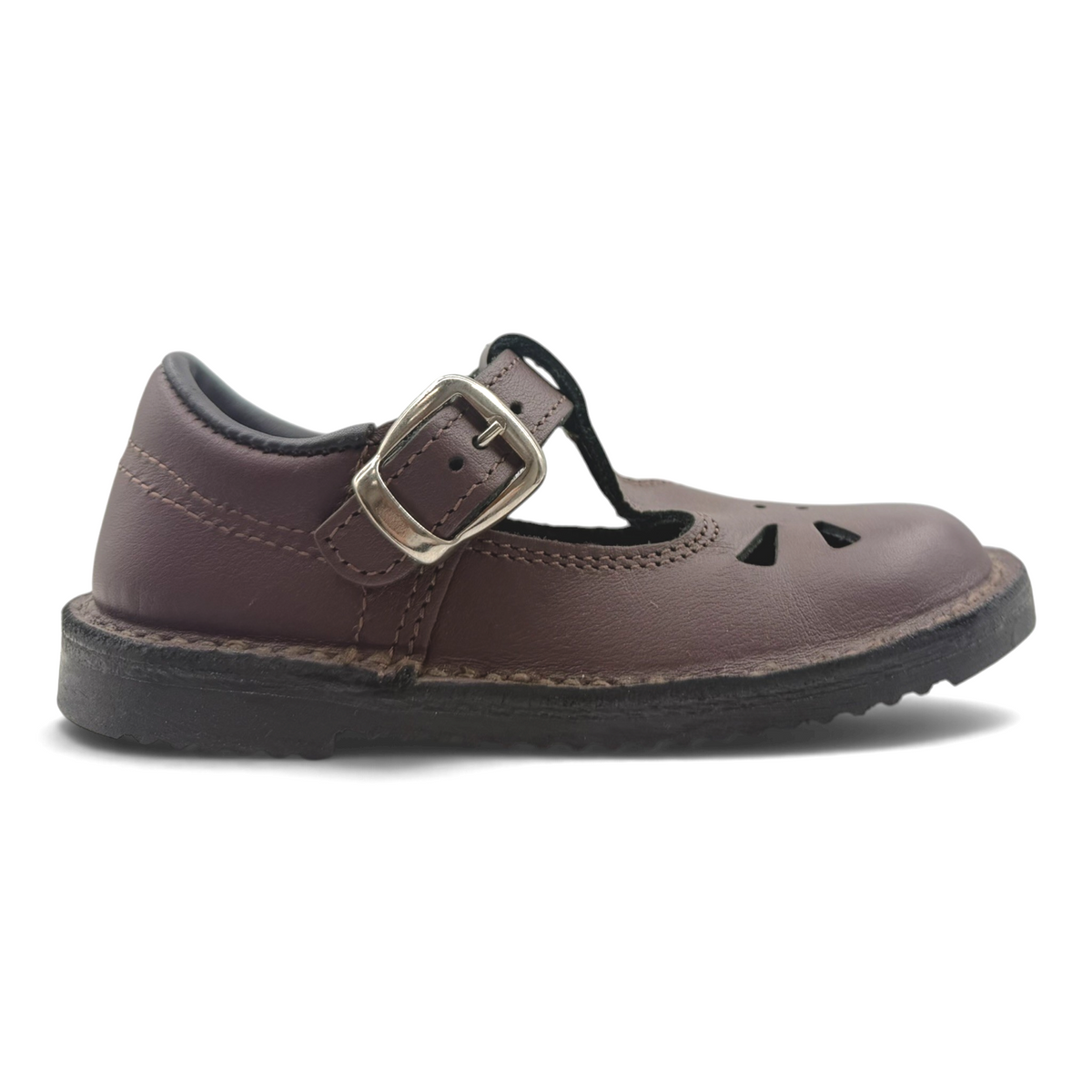 The Shoe Shop Rio brown leather T-bar school shoe with a buckle strap and durable rubber sole.