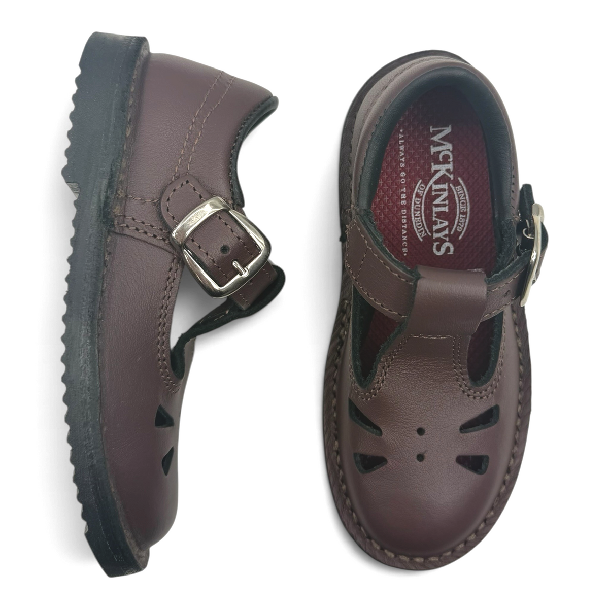 The Shoe Shop Rio brown leather T-bar school shoes with buckle fastening and durable rubber outsoles.
