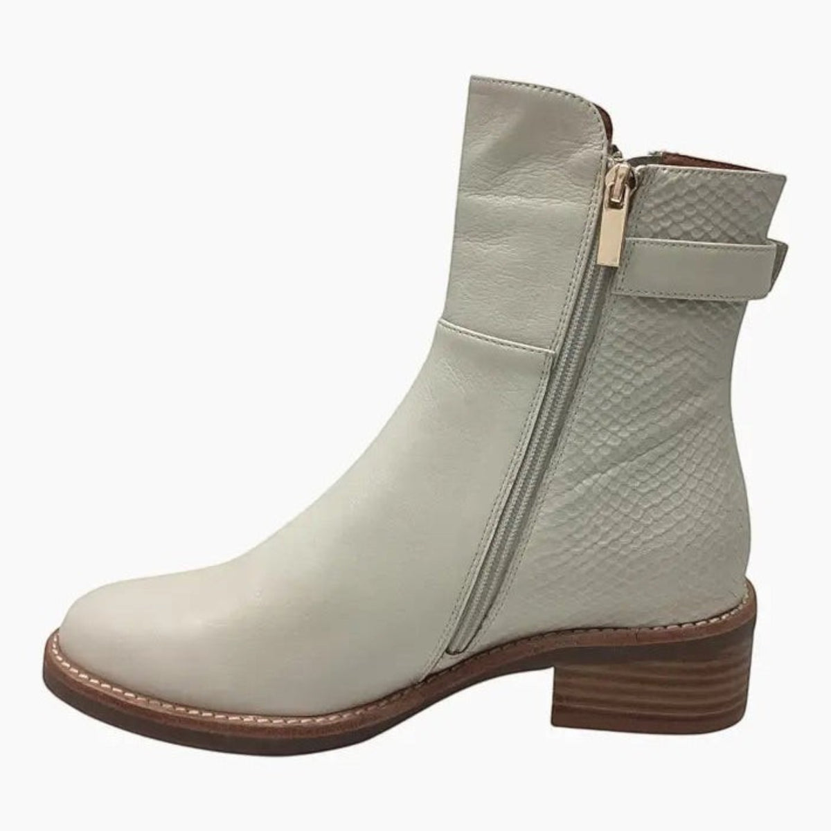 The Shoe Shop Ripper ankle boot in cream leather with double zips, textured heel panel, and a low stacked heel.