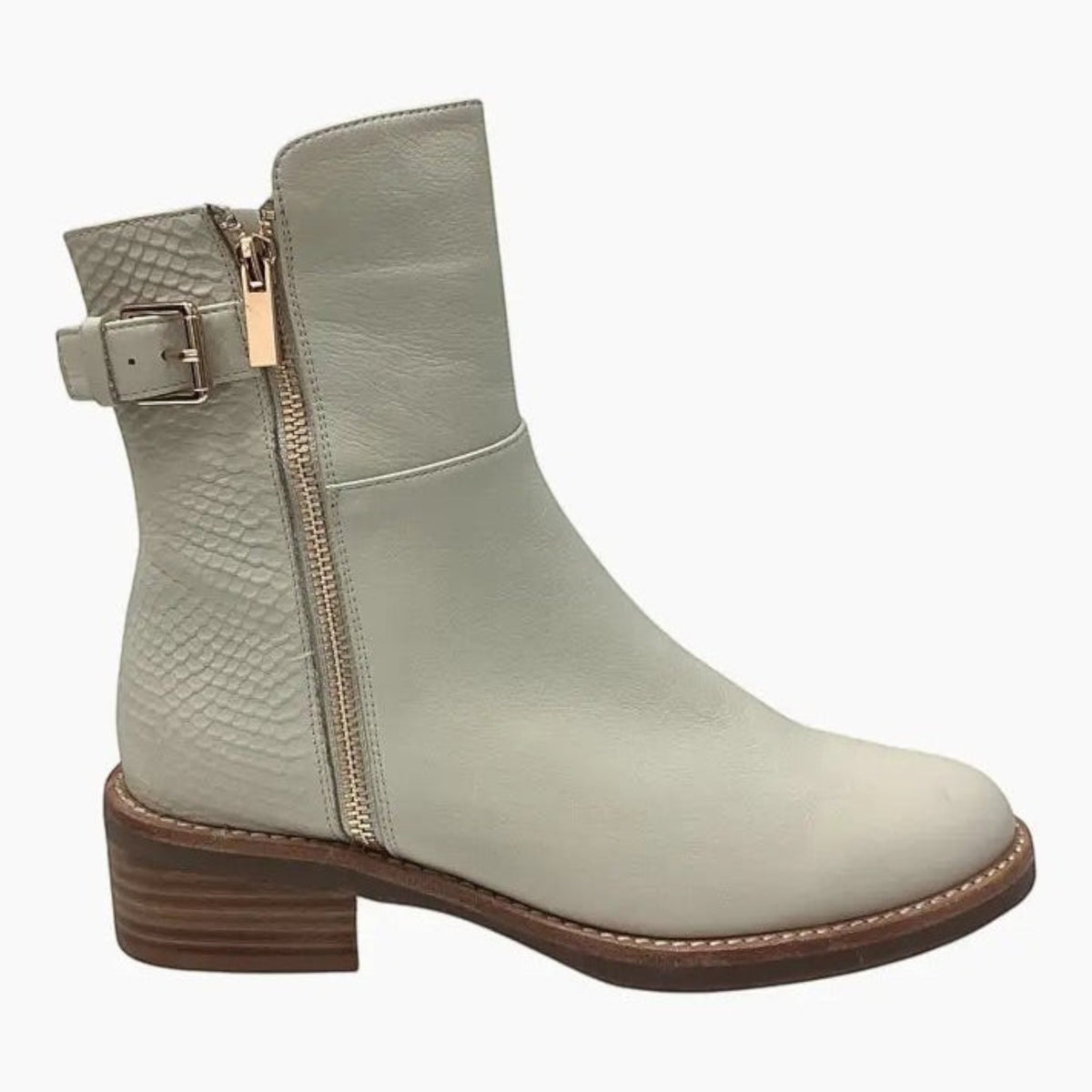 The Shoe Shop Ripper ankle boot in off-white leather with double zips, textured heel panel, and adjustable back strap.