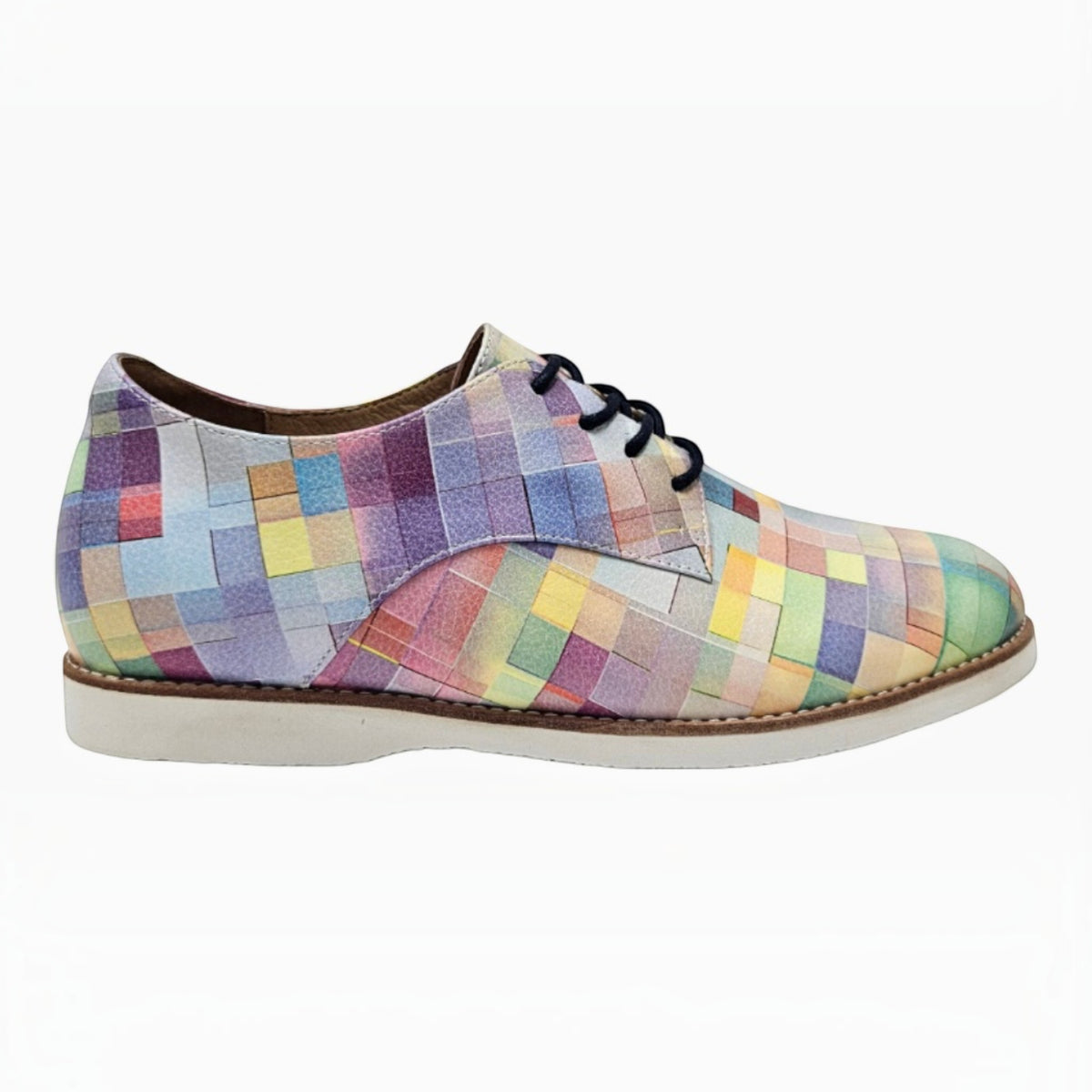 The Shoe Shop Risko leather shoe featuring a vibrant multicolour check pattern and a lightweight white sole