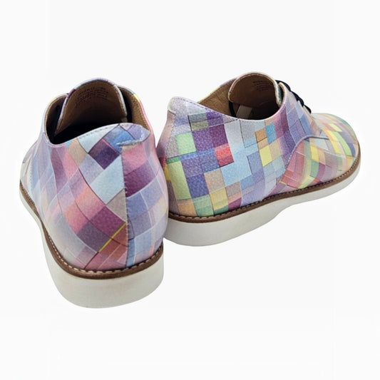 The Shoe Shop Risko leather shoes featuring a vibrant multicolour check pattern and a lightweight white sole