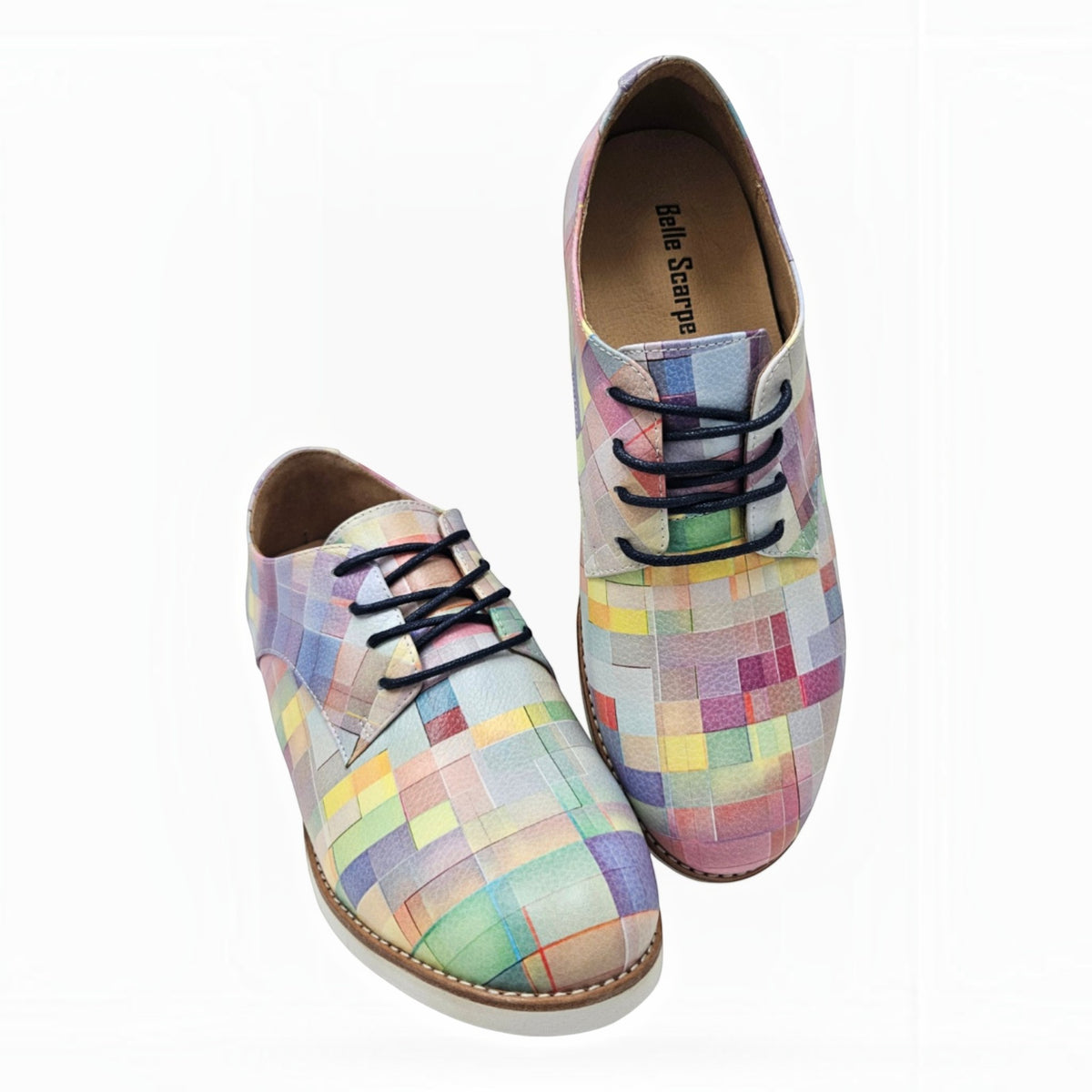 The Shoe Shop Risko leather shoes featuring a vibrant multicolour check pattern and lightweight soles.