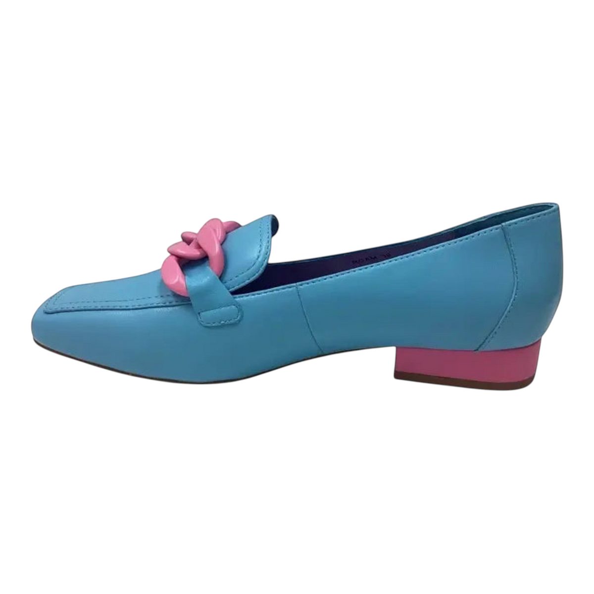 The Shoe Shop Roam blue leather slip-on loafer with a pink chain detail and a contrasting pink low block heel.