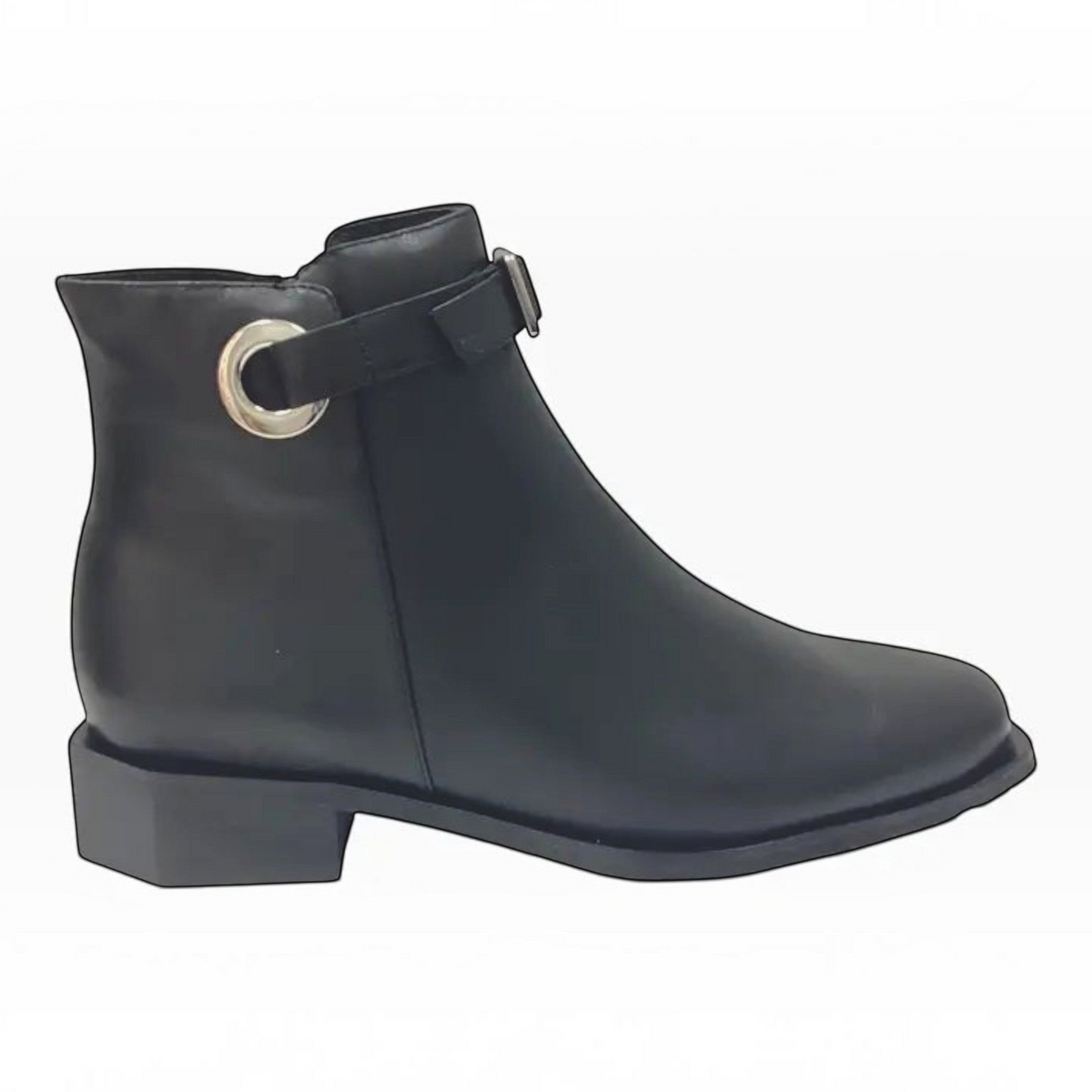 The Shoe Shop Roberta black leather ankle boot with silver ring detail, adjustable strap, and low block heel.