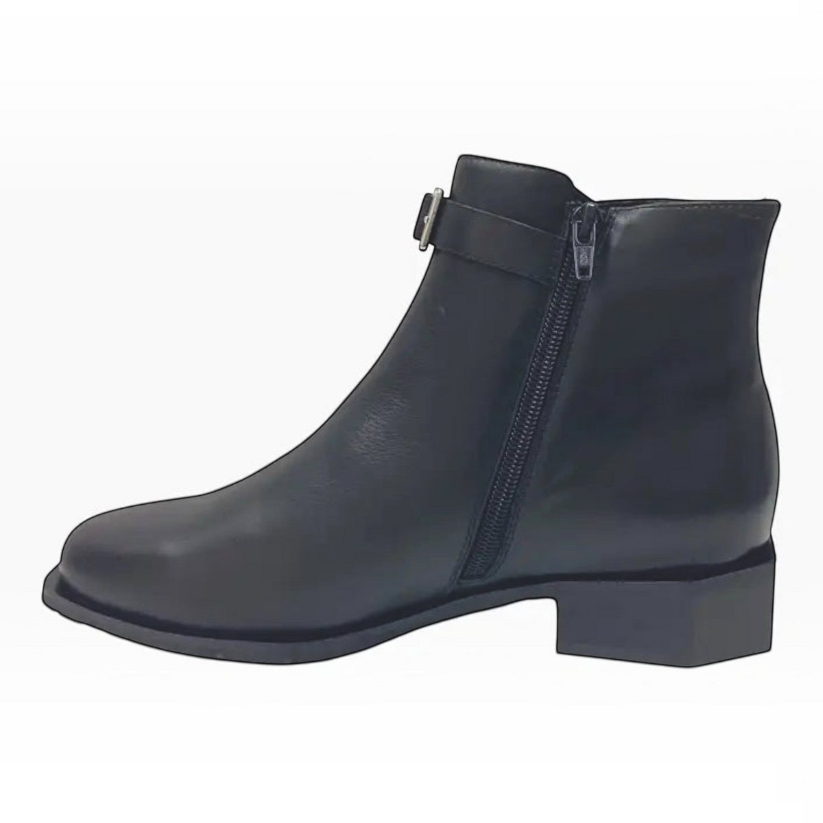 The Shoe Shop Roberta black leather ankle boot with a side zip, adjustable strap, and low hexagonal block heel.