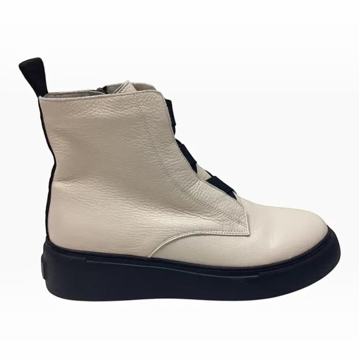 The Shoe Shop Robyn leather ankle boot in cream with a thick black sole and pull tab, side view.