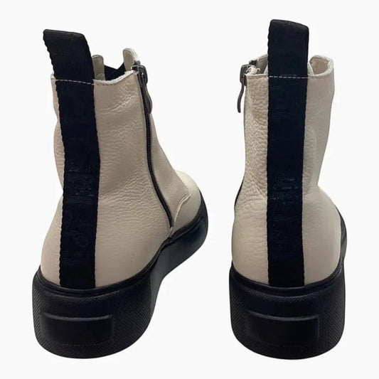The Shoe Shop Robyn leather ankle boots in cream with black back pull tabs and thick black rubber soles