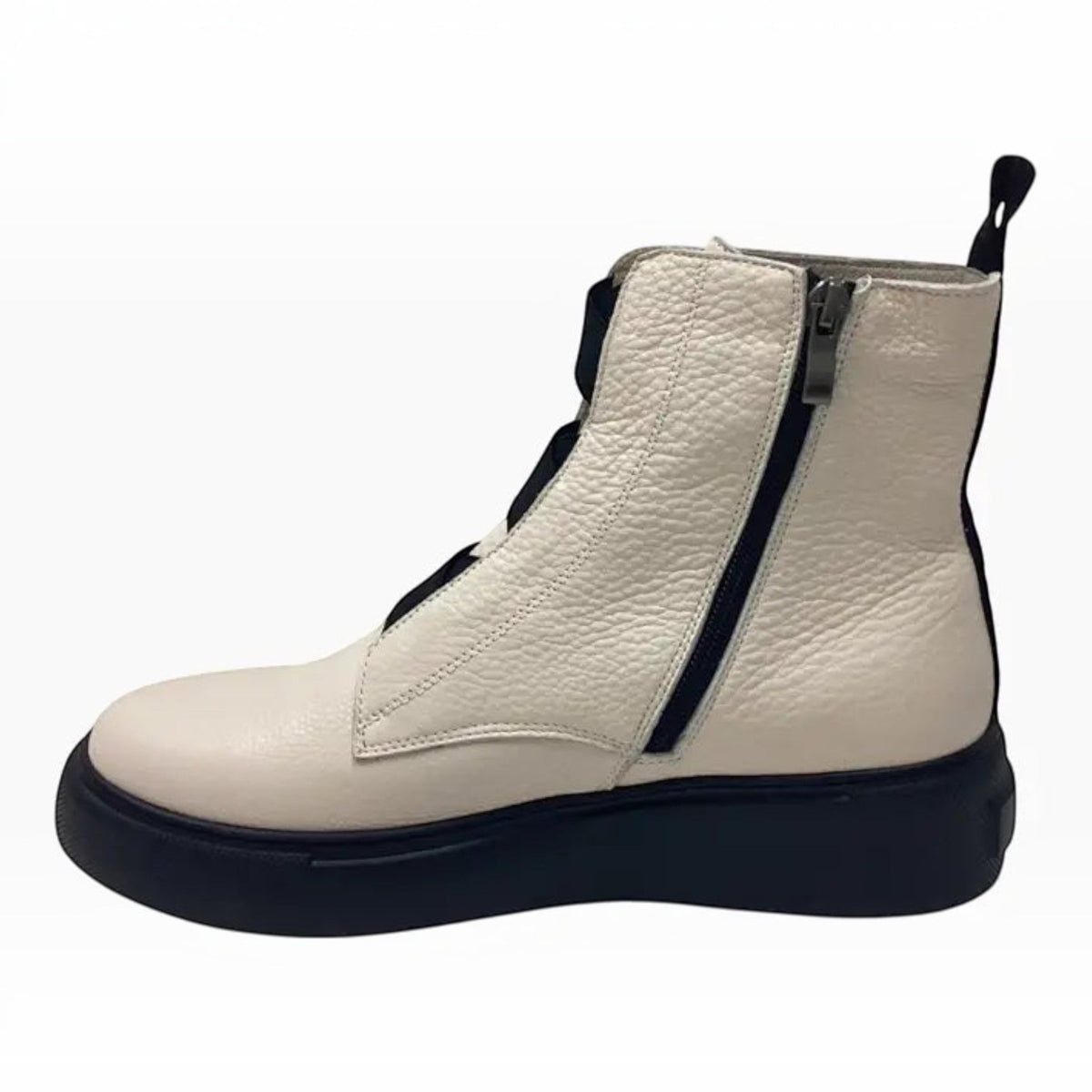 The Shoe Shop Robyn white leather ankle boot with a black side zipper and thick comfortable sole
