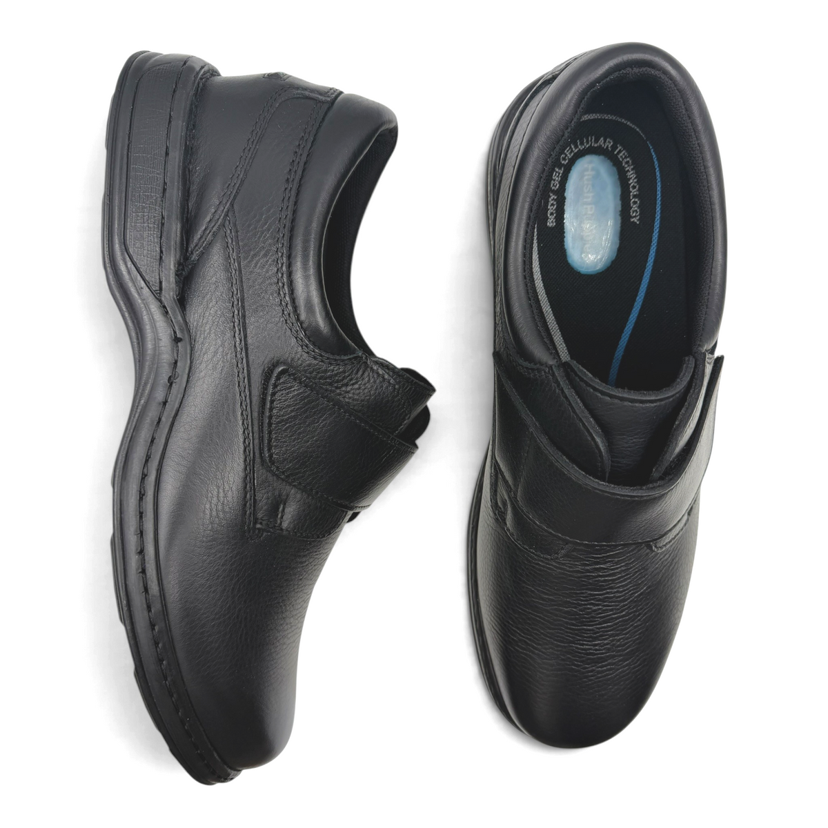 The Shoe Shop Roland black leather comfort shoes with hook and loop closure and cushioned insoles, top view.