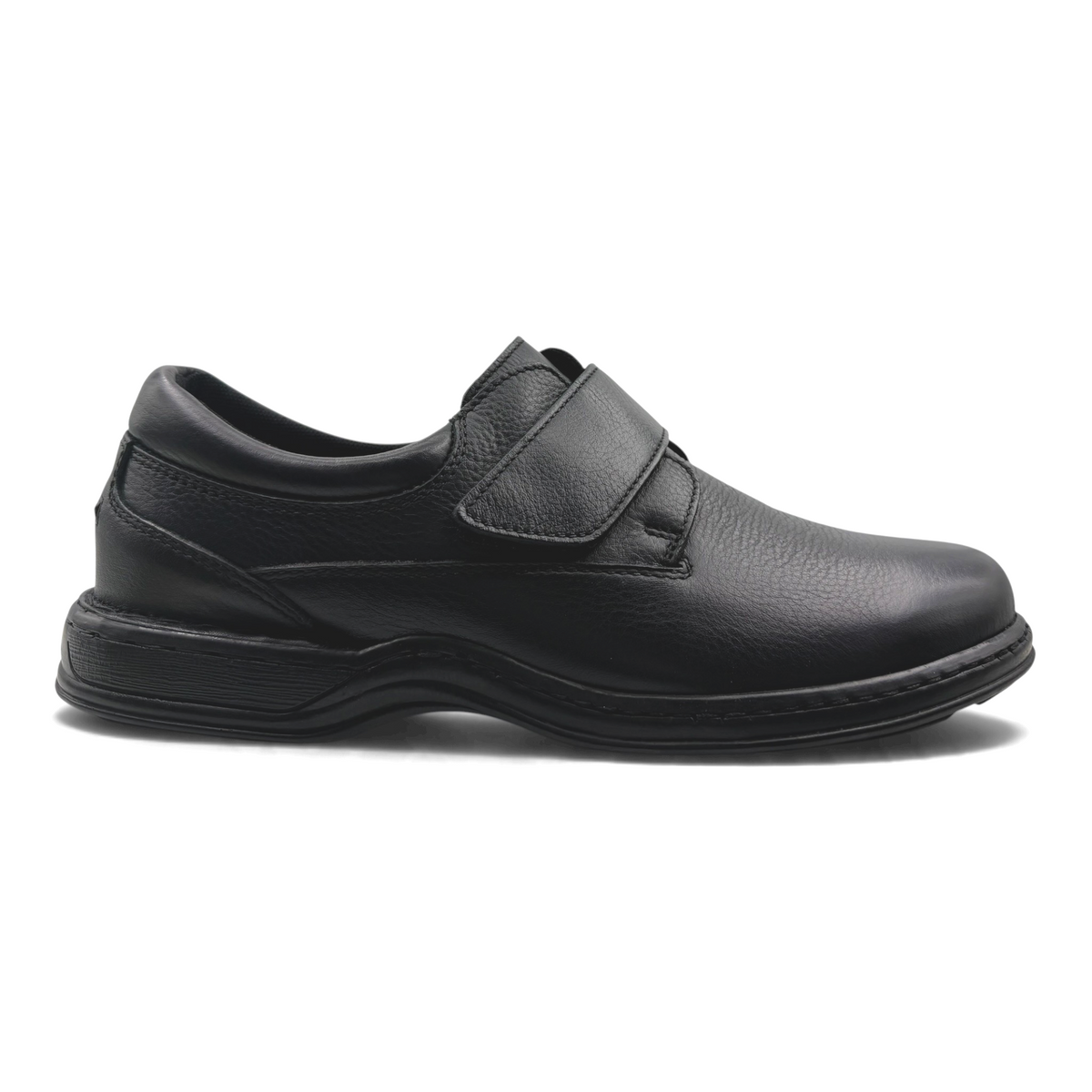 The Shoe Shop Roland black leather comfort shoe with a convenient velcro strap closure and durable rubber sole.