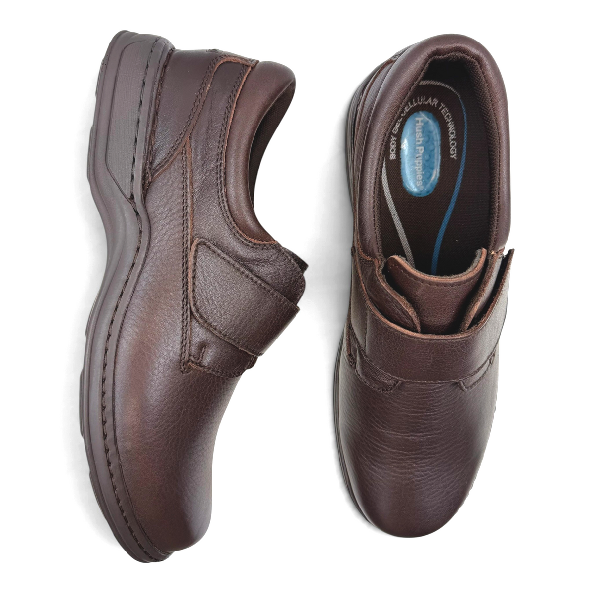 The Shoe Shop Roland brown leather walking shoes with hook-and-loop closure and cushioned insoles, top view.