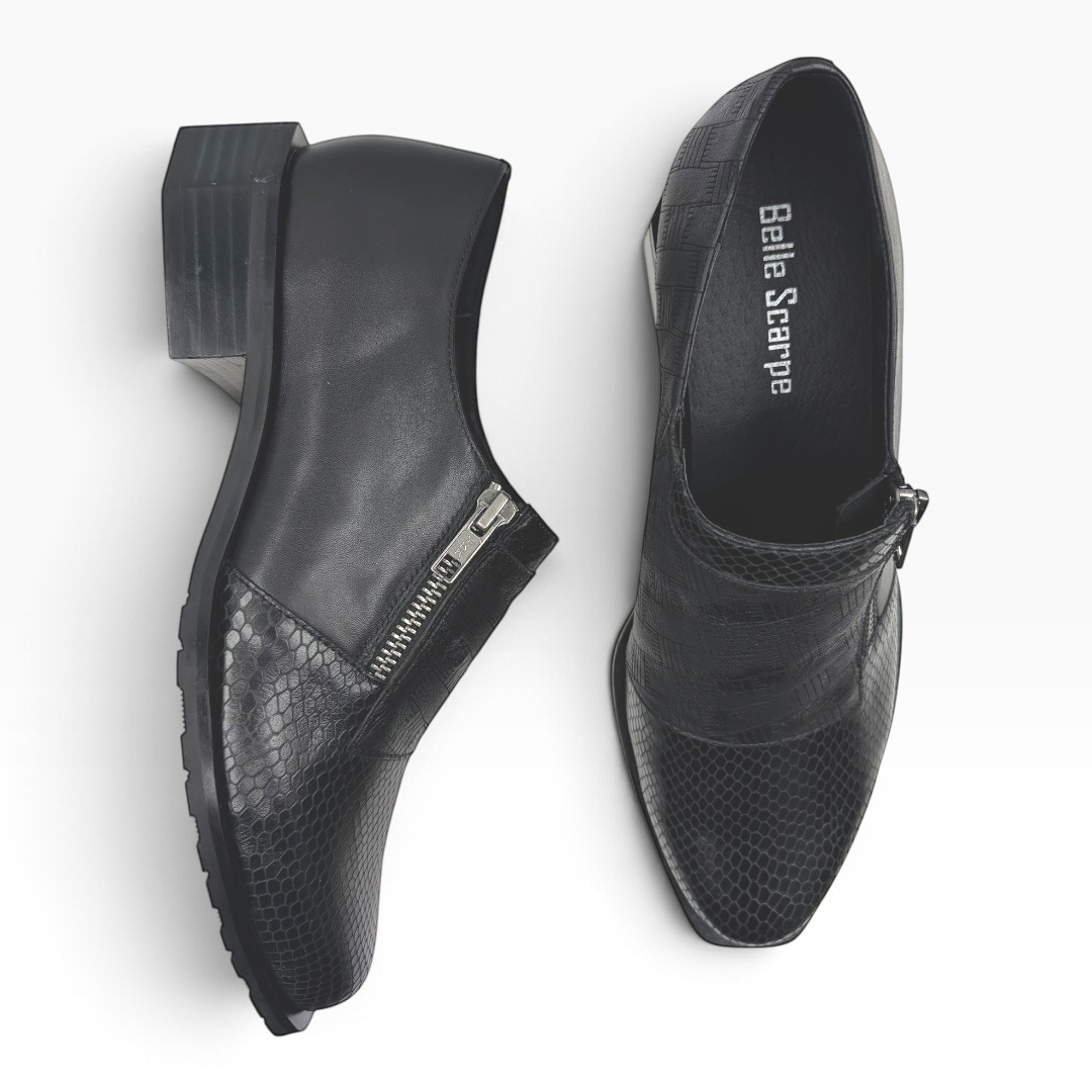 The Shoe Shop Romeo black textured leather loafers with side zip, hexagonal heel, and cushioned insole.