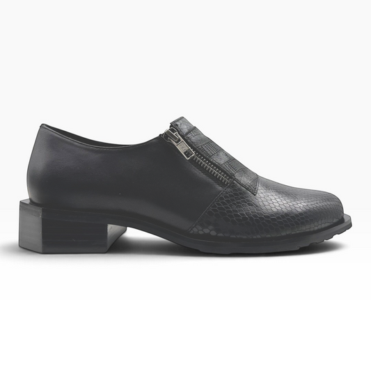 The Shoe Shop Romeo black textured leather loafer with a side zip and unique hexagonal heel, side profile view.