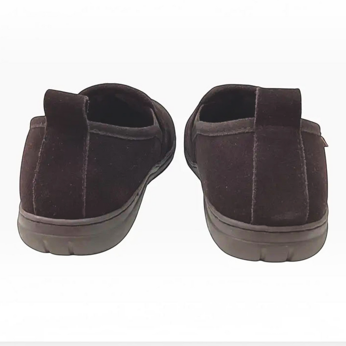The Shoe Shop Tamarac Thomas rootbeer suede leather slip-on slippers, rear view showing rubber soles.