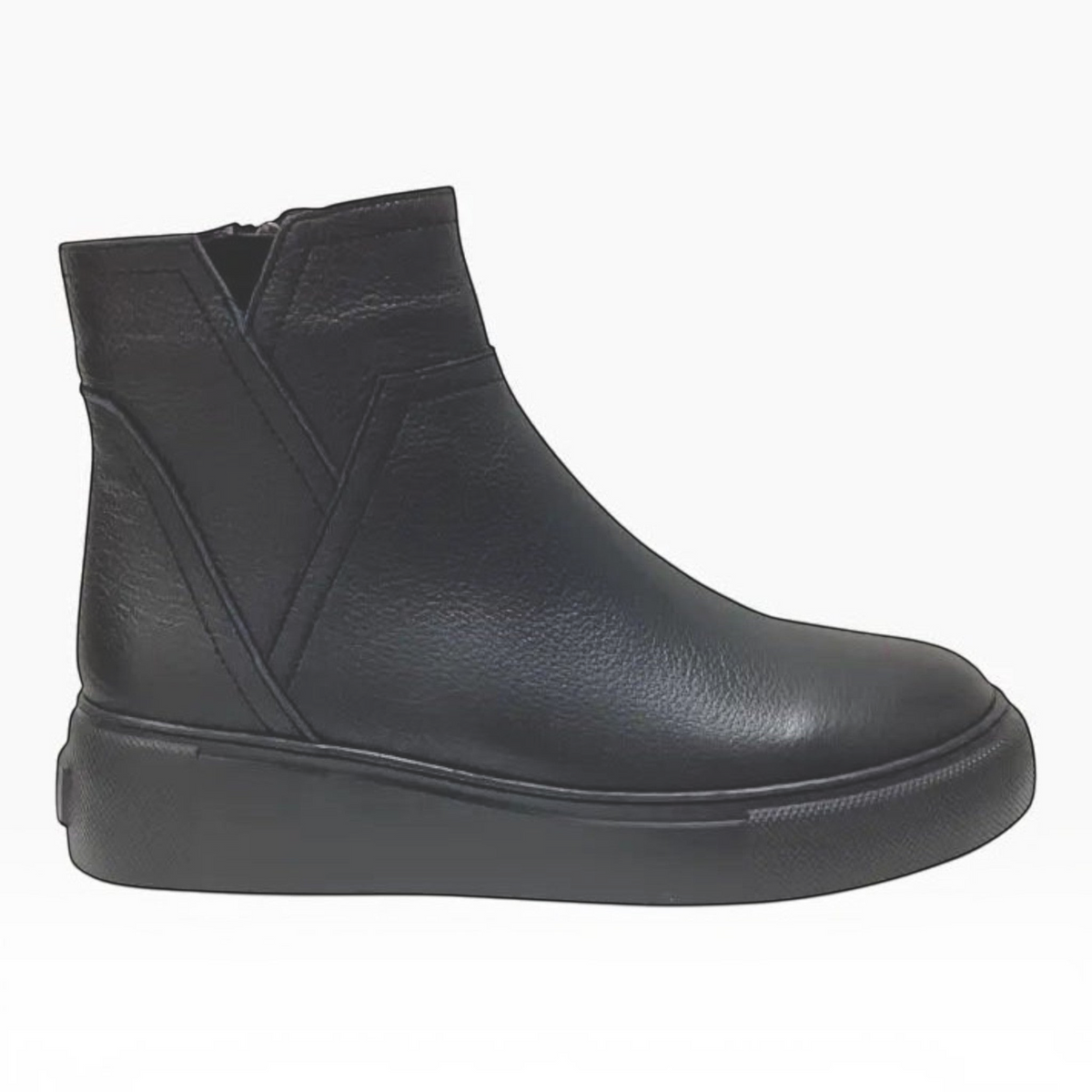 The Shoe Shop Roxie black leather ankle boot with a 4cm platform sole and side zip detail for everyday comfort.